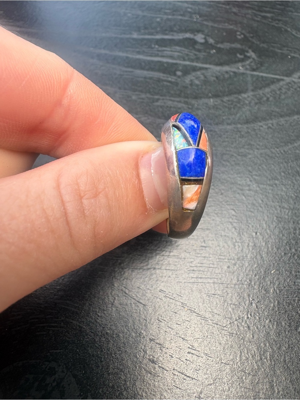P. Sanchez Sterling Silver Ring with Blue, Orange, Opal Stones - Size 8.5 - Picture 6 of 13